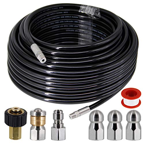 Twinkle Star Sewer Jetter Kit for Pressure Washer 100 ft Hose 14 Inch NPT Drain Cleaning Hose Button Nose  Rotating Sewer Jetting Nozzle Orifice 40 45 55 4000 PSI