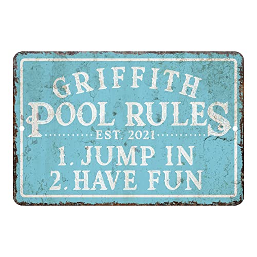 Personalized Vintage Distressed Look Pool Rules Metal Room Sign (8x12 Inches)