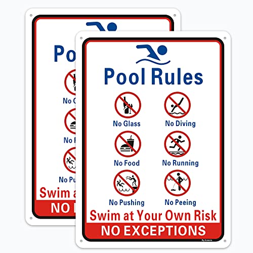 Pool Rules Sign No Diving No Glass Metal Sign No Food No Pushing No Running No Peeing in Pool Swim at Your Own Risk Signs 14 x 10 Inches Rust Free Rust Free Aluminum Easy Mounting (2 Pack )