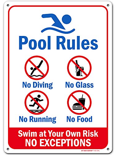 Pool Rules  Swim at Your Own Risk Sign  10x14  040 Rust Free Aluminum  Made in USA  UV Protected and Weatherproof  A82234AL