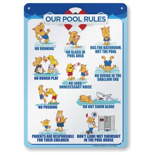 SmartSign 14 x 10 inch Our Pool Rules  No Running No Glass In Pool Area No Rough Play… Metal Sign 40 mil Laminated Rustproof Aluminum Multicolor