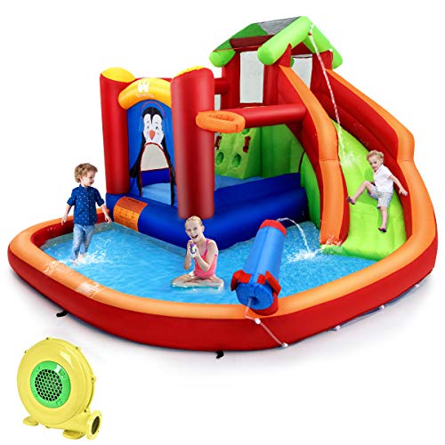 BOUNTECH Inflatable Water Slide 6 in 1 Jumping Bounce House w Climbing Wall Splash Pool Water Cannon Basketball Rim Including Oxford Carry Bag Repair Kit Stakes Hose (with 735W Air Blower)