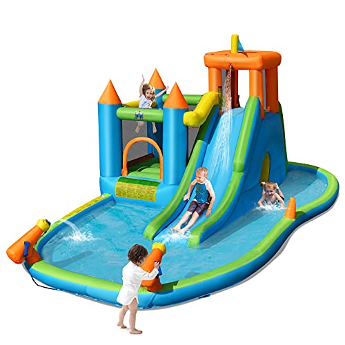 BOUNTECH Inflatable Water Slide 8 in 1 Kids Jumping Bouncer w Large Splash Pool Slide Jumping Area Climbing Wall Water Cannons Ocean Balls Including Repairing Kit Stakes (Without Air Blower)
