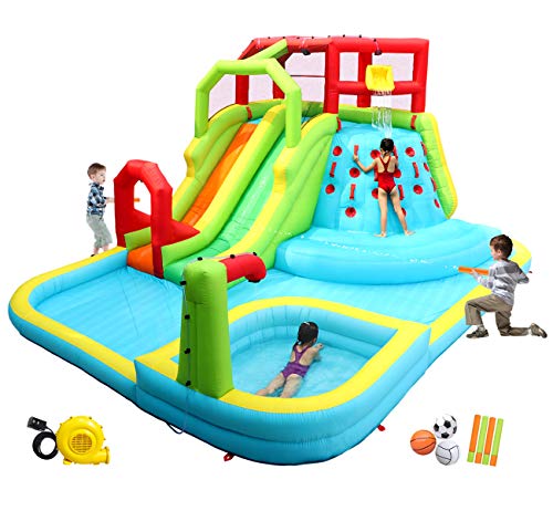 WELLFUNTIME Inflatable Water Slide Park with Splash Pool Climb The Wall 3 Inflatable Sport Balls and 4 Water Guns Water Slide with Air Blower