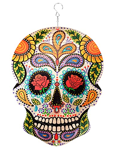 Canodoky Rose Sugar Skull Wind Spinner 3D Kinetic Metal Hanging Wind Spinners for Yard and Garden Tree Decorations 12 Inch Stainless Steel Halloween Wind Spinner Unique Gifts