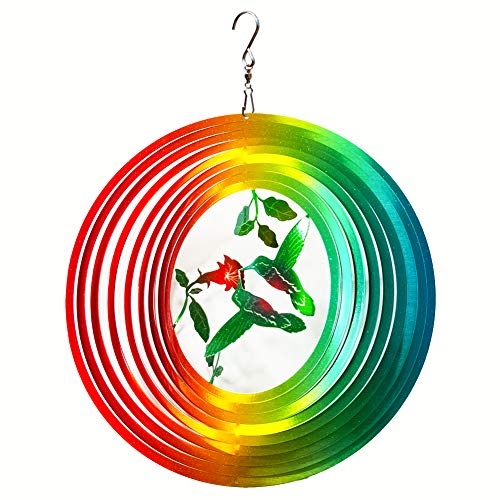 FONMY Wind Spinner Outdoor Metal 3D Hanging Garden Decoration for Indoor Outdoor Rainbow Color Hummingbird Metal Wind Spinners12inch