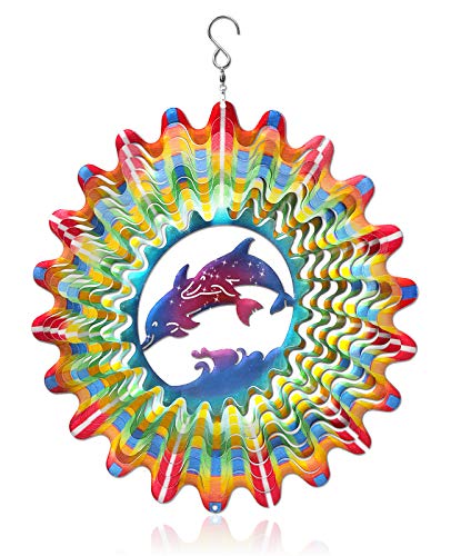 GARFEED Hanging Wind Spinner 12 inch 3D Kinetic Wind Spinners Outdoor Stainless Steel Decoration for Yard and Garden Kinetic Yard Art Decorations  IndoorOutdoor Decor  Rainbow Smart Dolphin