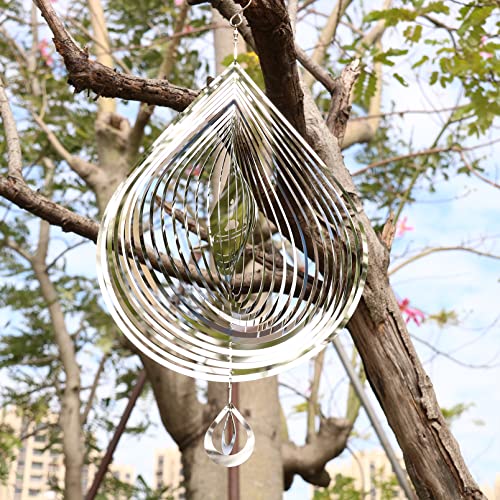 Laccimo Stainless Steel Wind Spinner 3D Silver Water Wind Spinners Sculptures Kinetic Hanging for Yard and Garden Mirror House Art Decor Indoor Outdoor Decoration Whirligig Gifts(Silver Water)