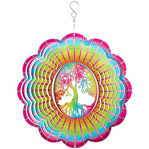 Tree of Life Wind Spinners Outdoor Metal3D Kinetic Sculptures Optical Illusion Yard Garden Decor12in Large Decorative Pink Sun Catcher Spinner HangingMulticolor Rainbow Spinfinity Outside Art Gifts