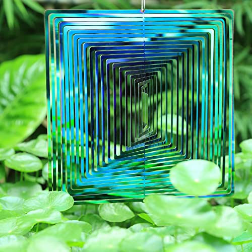 Wind Spinner Wind Kinetic Spinner 3D Rainbow FlowingLight Effect Mirror Shapex Magical Metal Windmill for Outdoor Garden Hanging Decoration Gifts 10 Inch with Swivel Hook (Rainbow Square)