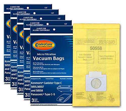 EnviroCare Replacement Micro Filtration Vacuum Bags to fit Kenmore Canister Q 5055 50557 and 50558 Panasonic Type C-5 Models 15 Pack 15 Yellow