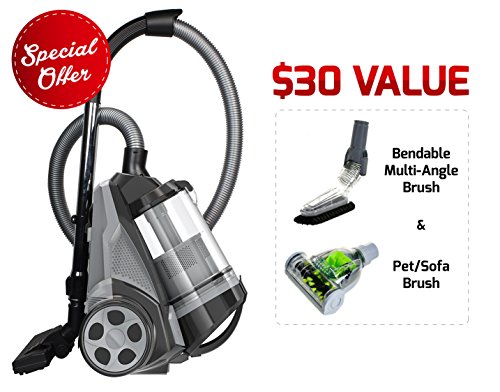 Ovente ST2620B Bagless Canister Cyclonic Vacuum - HEPA Filter - Includes PetSofa Bendable Multi-Angle Crevice NozzleBristle Brush Retractable Cord - Featherlite Black