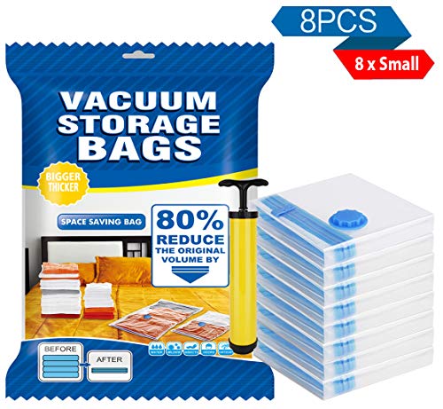 FABISON Vacuum Storage Bags Small 8 Pack for ClothesScarfsTowelsPillow Cases with Travel Hand Pump Save More Storage Space Double Zip Seal Leak Valve