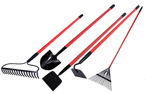 GardenAll Garden Tools Kit - Include Round Point Shovel 12 Guage Garden Hoe  Bow Rake  Poly Rake  Garden Cultivator with Fiberglass Handle - Five Pieces