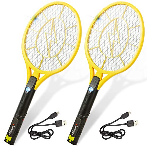 Tregini Large Electric Fly Swatter 2 Pack - Rechargeable Bug Zapper Tennis Racket with Safe to Touch Mesh Net and Built-in Flashlight - Kills Insects Gnats Mosquitoes and Bugs