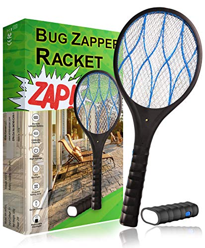 White Kaiman Electric Fly Swatter Racket wDetachable Flashlight Handheld Personal Bug Zapper Mosquito Zapper Rechargeable 3 Layer Electric Grid 4000 Volts Black