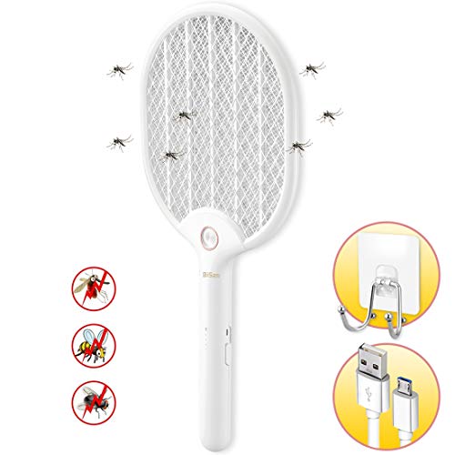 Electric Fly Swatter Racket USB Charging Mosquito Flies Swatter Fly Zapper with Adhesive Wall Holder for Camping BBQ Indoor and Outdoor