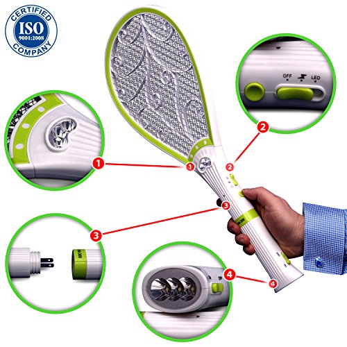 Bug Zapper Racket - Ideal as Fly Zapper Mosquito Zapper Electric Fly Swatter - LED Light to Attract Mosquitoes- Safe and Effective for both Indoor and Outdoor - Durable Design Great for Gift