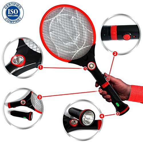 Electrictric Bug Zapper racket rechargeable - Ideal as Fly Insect SwatterA splendid executioner for flies spiders waspsLED Light to Attract MosquitoesDetachable Flash LightGreat for the Gift