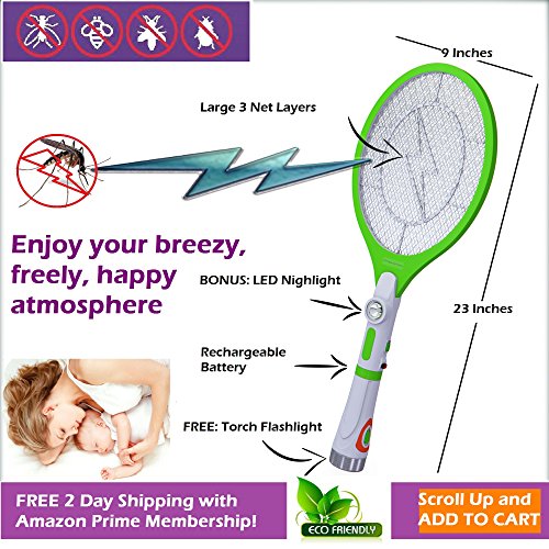 Electric Mosquito Bug Fly Insect Wasp Swatter Zapper Killer-rechargeable Batteries -free Bonus Torch Flashlight