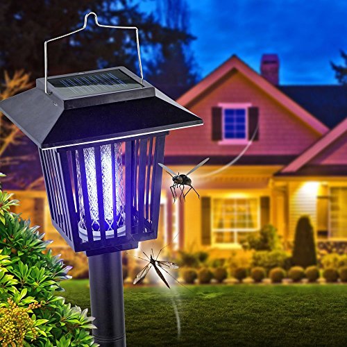 New Improved Solar Powered Zapper- Enhanced Outdoor Flying Insect Killer- Hang or Stake in the Ground- Cordless Garden Lamp- Portable LED Machine- Best Stinger for Mosquitoes Moths Flies Black