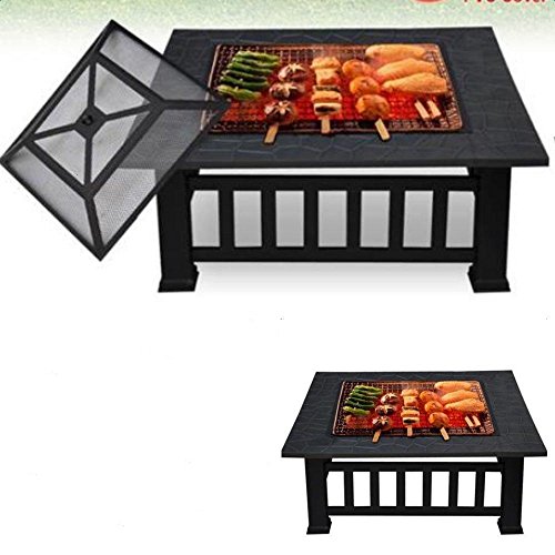 FCH 32 Metal Fire Pit Outdoor Backyard Patio Garden Square Stove FirePit Grill Brazier with Protective Cover