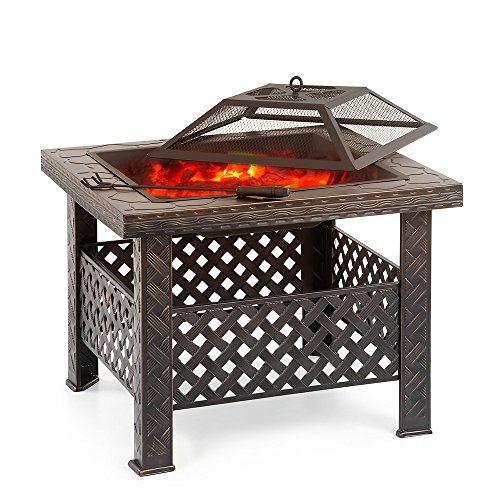 IKAYAA Outdoor Metal Fire Pit Backyard Garden Square Fire Stove Table with Cover and Poker