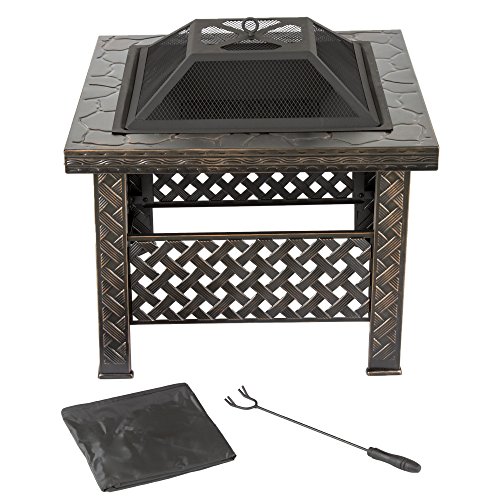 Pure Garden 26 Square Woven Metal Fire Pit with Cover - Bronze