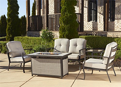 Cosco Outdoor 5 Piece Serene Ridge Aluminum Patio Furniture Conversation Set with Cushions and Aluminum Gas Fire Pit Table Dark Brown