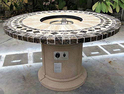 Gas Fireplace Fire Pit Outdoor Marble Mosaic Inlay 48 Table Patio Deck Propane Line or Tank 50000 BTU Tan Base