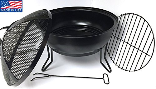 Made in USA - Heavy Gauge Steel Fire Bowl with Fire Screen Grate  Fire Poker - Willard May Outdoor Living