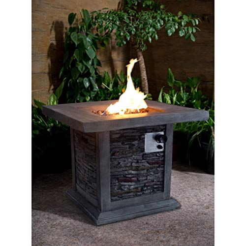 30-inch Square Gray Stacked Stone Outdoor Propane Fire Pit Grey Magnesium Oxide