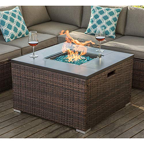COSIEST Outdoor Propane Fire Pit 32-inch Square Espresso Brown Wicker Fire Table 40000 BTU Stainless Steel BurnerFits 20 gal Tank Outside Ceramic TopFree Lava Rocks and Cover