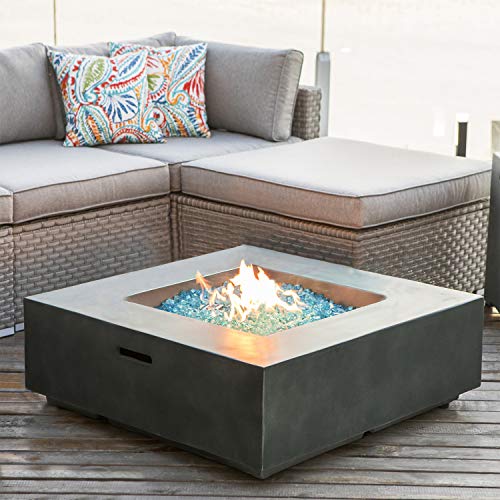 COSIEST Outdoor Propane Fire Pit Coffee Table w Slate Gray Square Faux Stone 35-inch Planter Base 50000 BTU Stainless Steel Burner Free Lava Rocks and Waterproof Cover Metal Lid