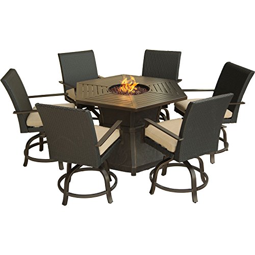 Hanover 7-Piece Aspen Creek Outdoor Fire Pit Dining Set Desert Sunset