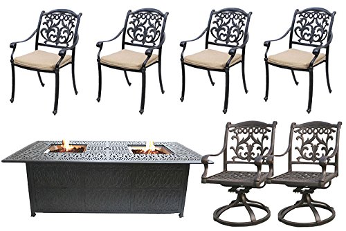7 Piece Propane Fire Pit Table Set Cast Aluminum Patio Flamingo Mandalay Furniture Bronze