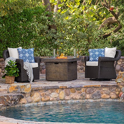 Augusta Patio Furniture ~ 3 Piece Outdoor Wicker Rocking Arm Chair and Propane Gas Fire Pit Table Set