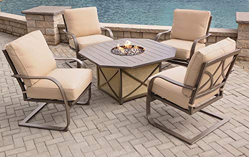 CC Outdoor Living 5-Piece Aluminum Octagonal Smoke Gray Gas Fire Pit Table Set wTan Spring Chairs