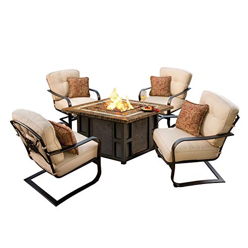 CC Outdoor Living 5-Piece Stone Square Gas Fire Pit Table Set wCream Aluminum Patio Spring Chairs