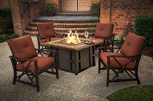 CC Outdoor Living 5-Piece Stone Square Gas Fire Pit Table Set wRed Aluminum Patio Rocking Chairs