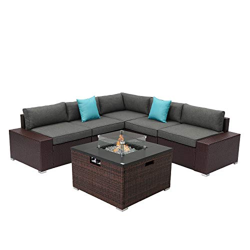COSIEST 6-Piece Propane Fire Pit Outdoor Sectional Sofa Chocolate Brown Patio Furniture Set w 32-inch Square Wicker Fire Table 40000 BTU Fits 20 gal Tank Outside for Garden Pool Backyard