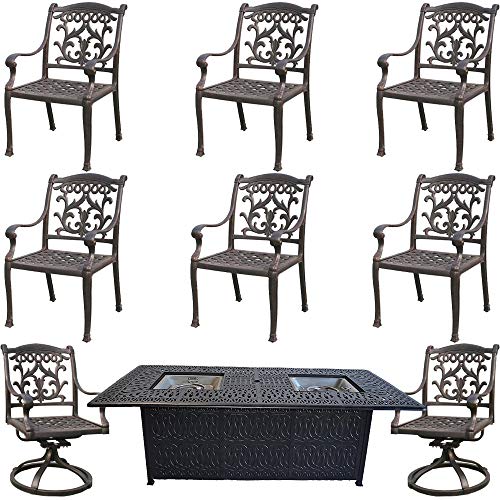 Fire Pit Dining Table Set cast Aluminum 9 Piece Patio Furniture Outdoor Sunbrella Cushions Desert Bronze