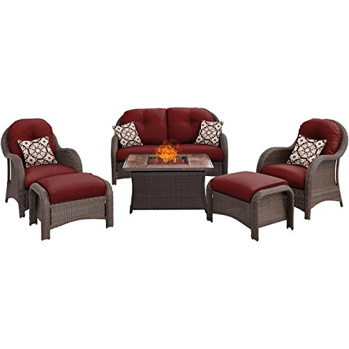 Hanover NEWPT6PCFP-RED-WG 6 Piece Newport Woven Seating Set in Crimson Red with Fire Pit Table
