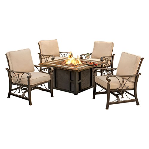 Oakland Living Ice Cooler Carts Goldies Fire Pit Table Set with Fire Pit Table Strip Burner Lava Rocks Weather Cover and Four Rocking Chairs BlackGoldBronze