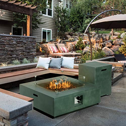 Propane 35-inch Square Green Concrete Fire Table with Tank Cover Wind Guard Metal Lid and Rain Cover 50000 BTU Patio Fire Pit Table Set for Outdoor