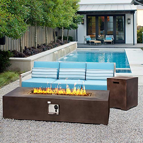 Propane 56-inch x 28-inch Rectangle Bronze Concrete Fire Table with Tank Cover Lava Rocks and Rain Cover 60000 BTU Patio Fire Pit Table Set for Outdoor