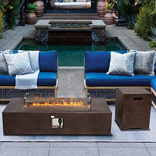 Propane 56-inch x 28-inch Rectangle Bronze Concrete Fire Table with Tank Cover Wind Guard Lava Rocks and Rain Cover 60000 BTU Patio Fire Pit Table Set for Outdoor