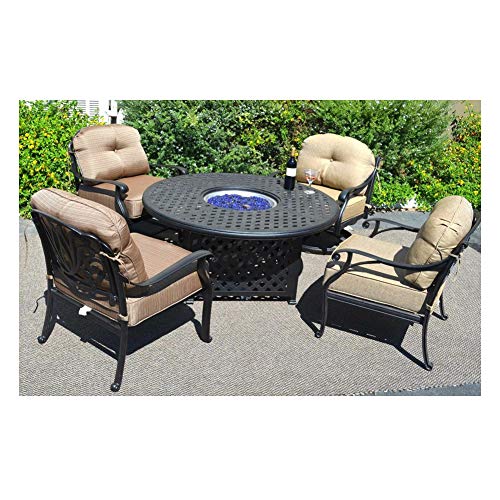 Propane Fire Pit Table Set Elisabeth 5pc Deep Seating Cast Aluminum Patio Furniture Desert Bronze