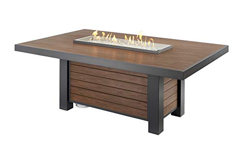 The Outdoor GreatRoom Company Kenwood Linear Dining Height Gas Fire Pit Table Set KW-1242-K with Folding Glass Guard Burner Cover FWG-1242 and Benches KW-LB KW-SB