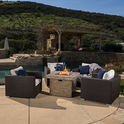 Soleil Outdoor 4-piece Wicker Club Chair Set w Sunbrella Cushions  32-inch Square Liquid Propane Fire Table